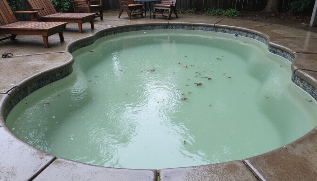 A murky, light green, kidney-shaped swimming pool with a few leaves and debris floating in it. The pool is surrounded by a concrete patio with several wooden chairs and loungers.