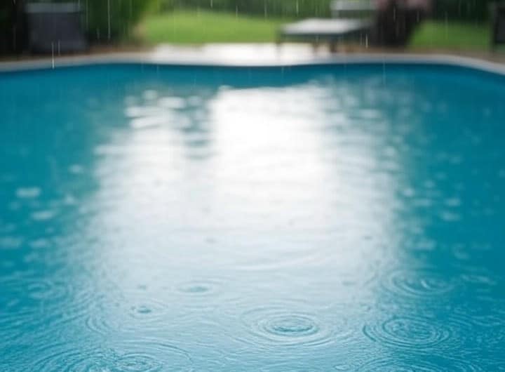 rain falling onto an inground swimming pool