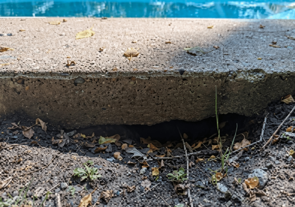 A close-up, ground-level photograph of a thick concrete pool deck that has significantly undermined, leaving a large dark void or cavern beneath the slab. The concrete edge is rough and porous, with dried leaves and small twigs scattered across its surface and on the dry, dusty soil below. In the blurred background, the bright turquoise water of a swimming pool is visible under natural sunlight.