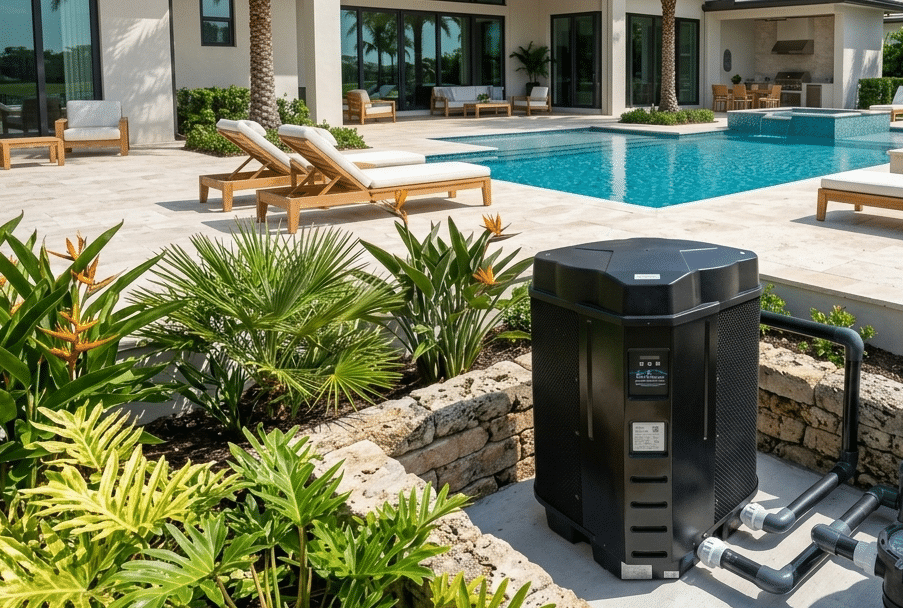 An upscale backyard patio featuring a modern, black pool heat pump positioned in a recessed equipment area bounded by a low stone retaining wall. Tropical landscaping with lush green ferns surrounds the pump.