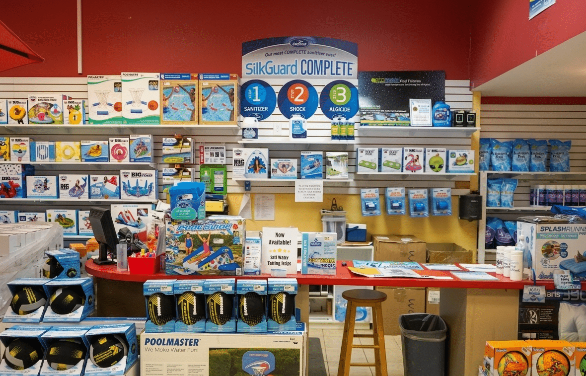 The retail checkout counter of a pool supply store. The red countertop features stacked boxes of pool toys and a wooden stool, with shelves behind it fully stocked with retail items.