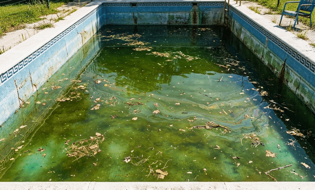 A high-angle, wide shot of an outdoor rectangular swimming pool filled with stagnant, murky green water. The pool is lined with blue tiles featuring a white Greek key pattern at the top edge.
